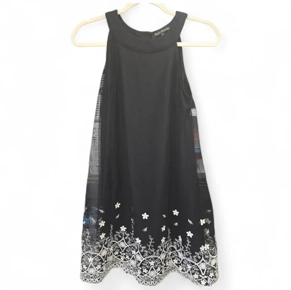 Ryan Michelle Black White Halter Mini Dress Floral Embroidered Hem Size Small - Picture 2 of 7